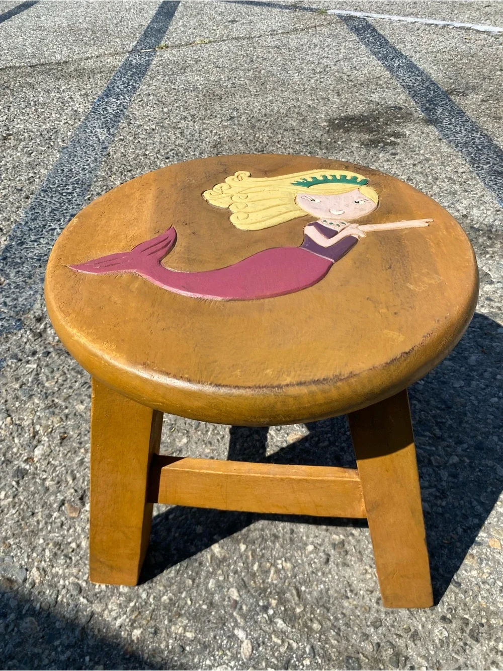 Kids Hand-Painted Mermaid Wooden Stool - Natural Brown bedroom home decor